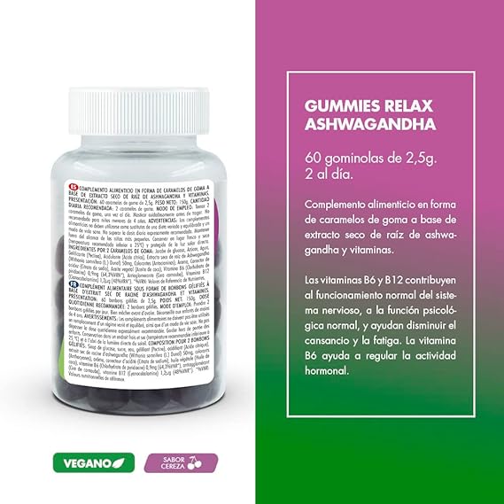 Gominolas Antiestrés Naturales Con Ashwagandha, Vitamina B6, Sabor cereza